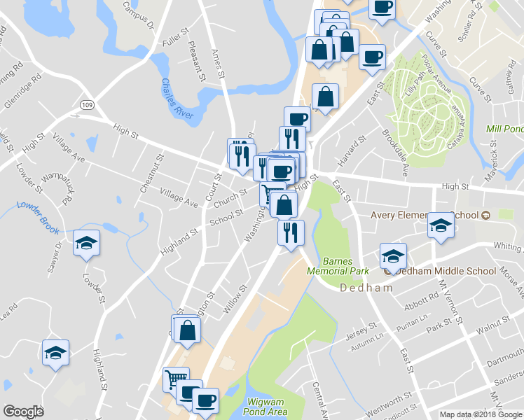 map of restaurants, bars, coffee shops, grocery stores, and more near 406 Washington Street in Dedham