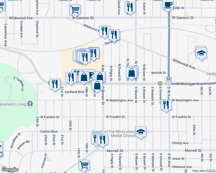 map of restaurants, bars, coffee shops, grocery stores, and more near 1505 West Michigan Avenue in Jackson