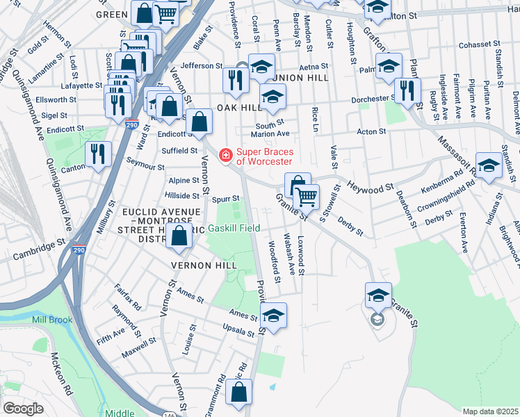 map of restaurants, bars, coffee shops, grocery stores, and more near 25 North Woodford Street in Worcester