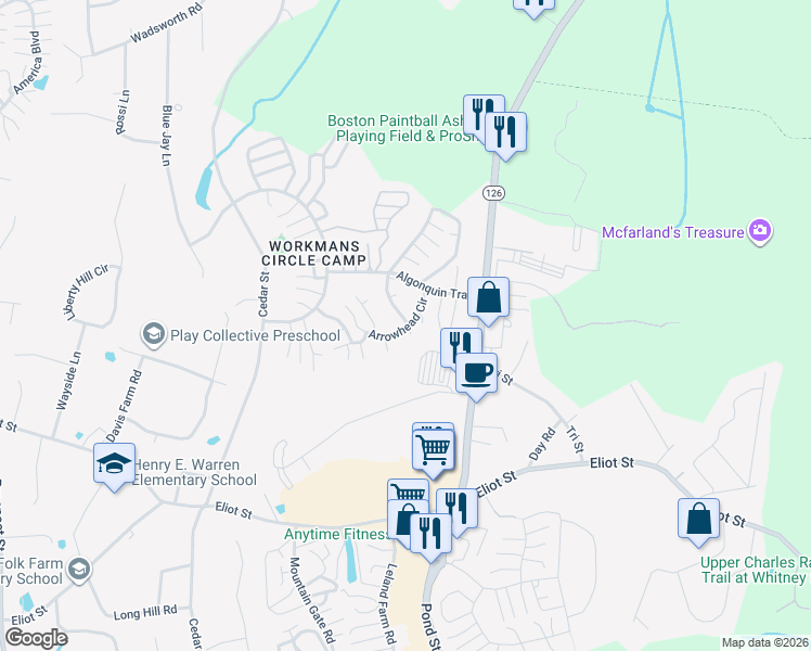 map of restaurants, bars, coffee shops, grocery stores, and more near 41 Arrowhead Circle in Ashland