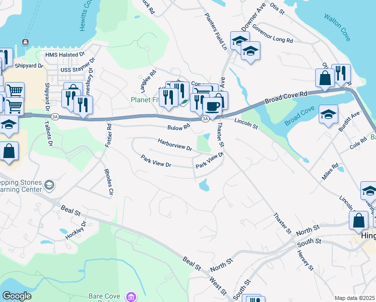 map of restaurants, bars, coffee shops, grocery stores, and more near 23 Harborview Drive in Hingham