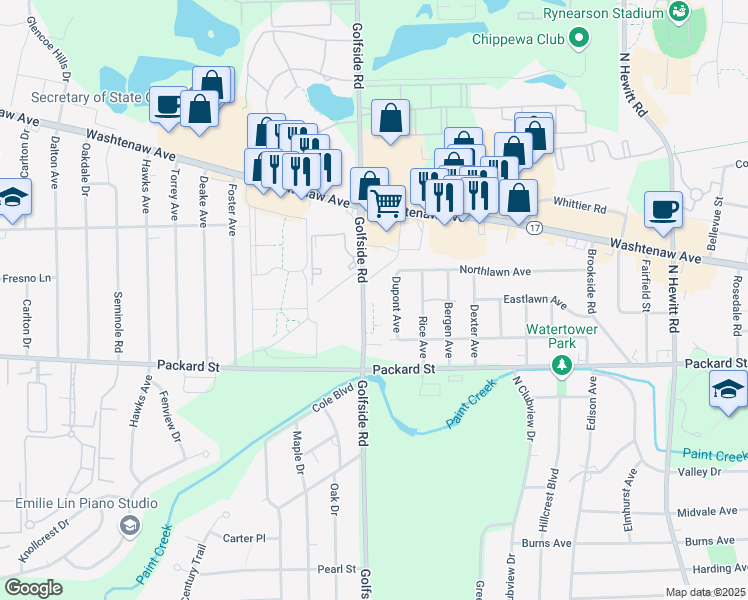 map of restaurants, bars, coffee shops, grocery stores, and more near 2817 Golfside Road in Ypsilanti