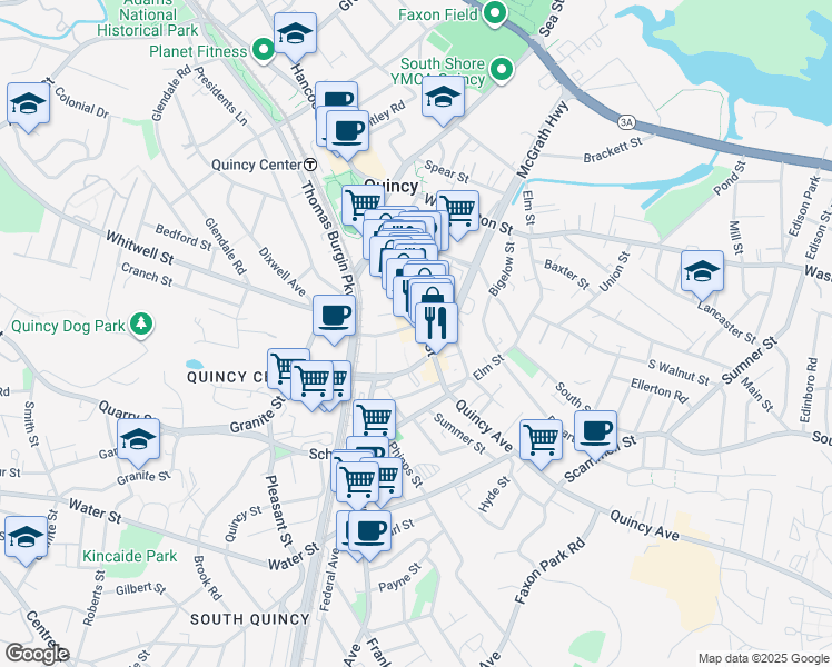 map of restaurants, bars, coffee shops, grocery stores, and more near 2 Cliveden Street in Quincy