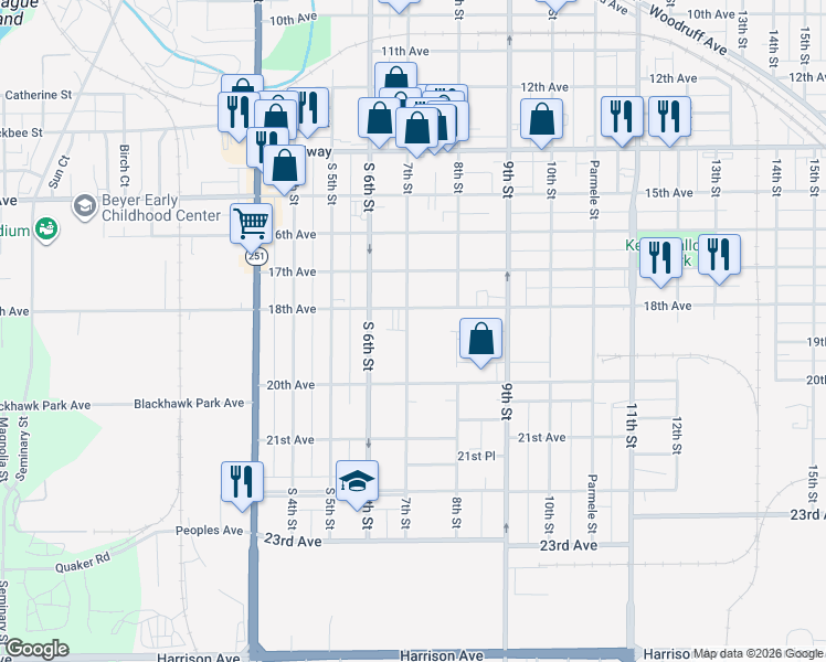 map of restaurants, bars, coffee shops, grocery stores, and more near 1922 7th Street in Rockford