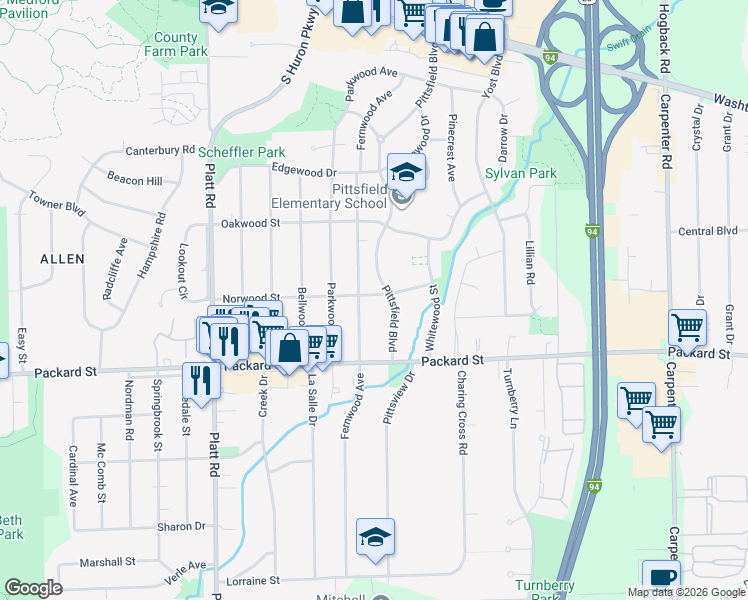 map of restaurants, bars, coffee shops, grocery stores, and more near 3405 Norwood Street in Ann Arbor