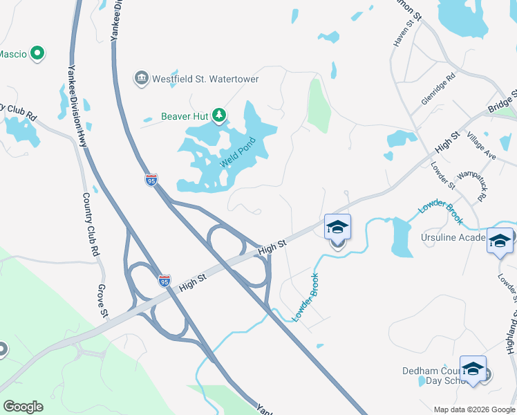 map of restaurants, bars, coffee shops, grocery stores, and more near 250 Meadowbrook Road in Dedham