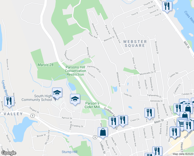 map of restaurants, bars, coffee shops, grocery stores, and more near 19 Timrod Drive in Worcester