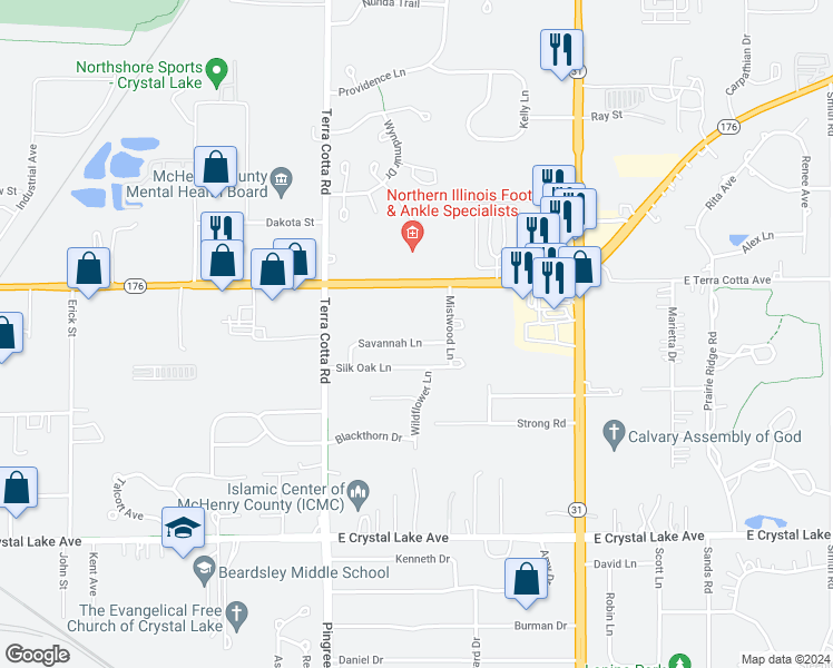 map of restaurants, bars, coffee shops, grocery stores, and more near 734 Savannah Lane in Crystal Lake