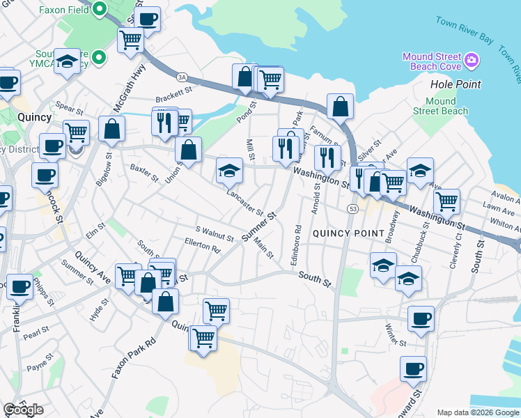 map of restaurants, bars, coffee shops, grocery stores, and more near 96 Lancaster Street in Quincy