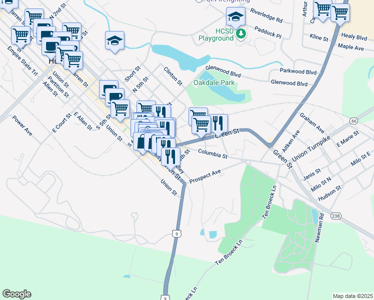 map of restaurants, bars, coffee shops, grocery stores, and more near in Hudson
