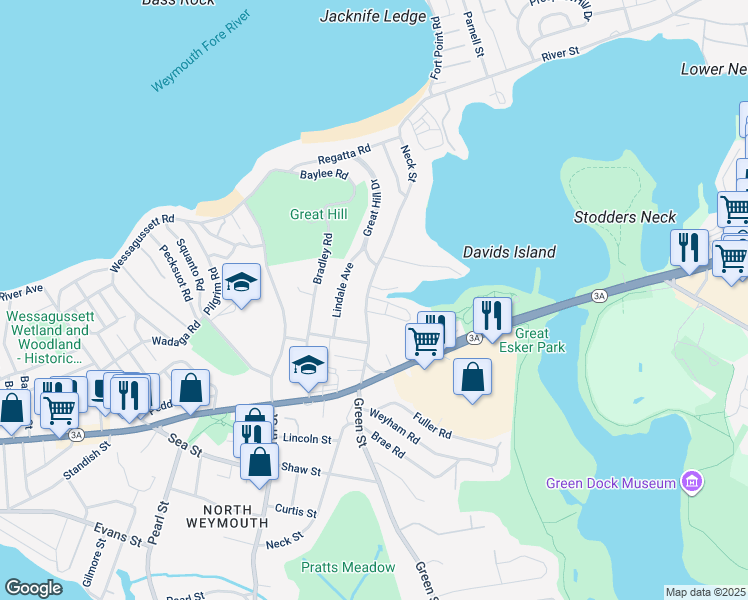 map of restaurants, bars, coffee shops, grocery stores, and more near 279 Neck Street in Weymouth
