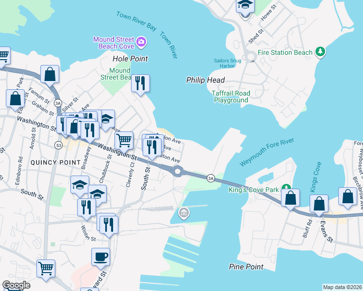 map of restaurants, bars, coffee shops, grocery stores, and more near 63 Avalon Avenue in Quincy