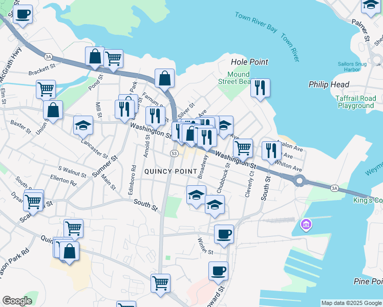 map of restaurants, bars, coffee shops, grocery stores, and more near 497 Washington Street in Quincy