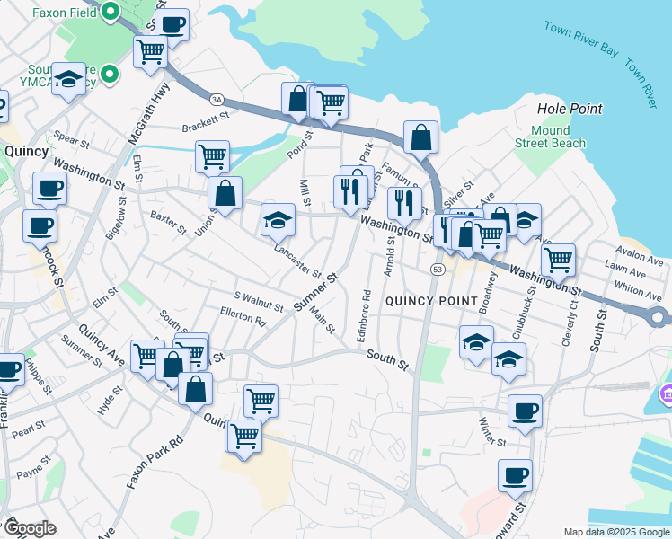 map of restaurants, bars, coffee shops, grocery stores, and more near 136 Sumner Street in Quincy
