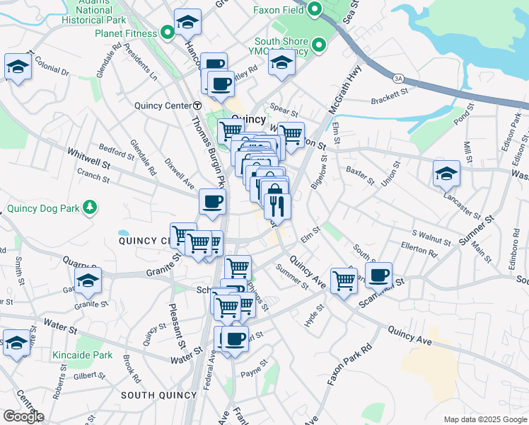 map of restaurants, bars, coffee shops, grocery stores, and more near 1548 Hancock Street in Quincy