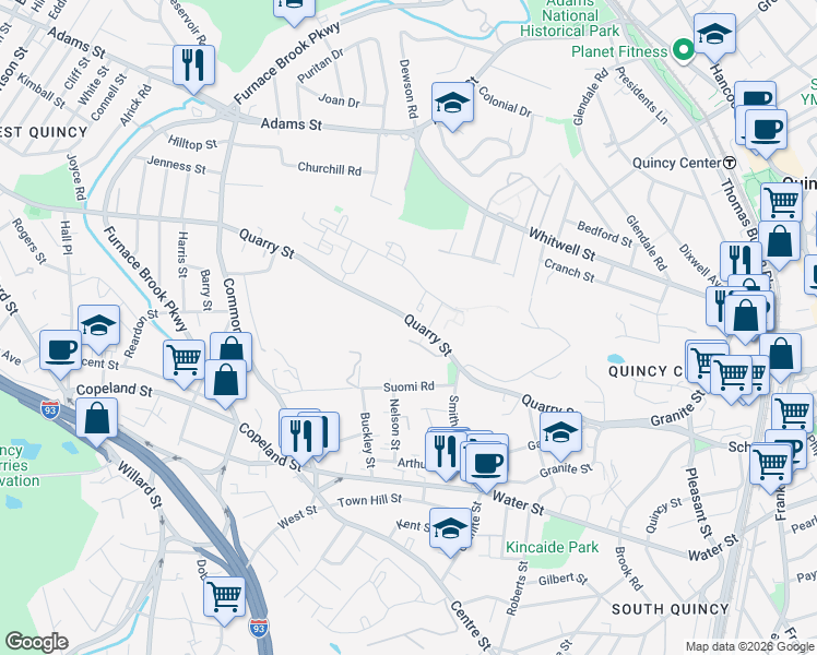 map of restaurants, bars, coffee shops, grocery stores, and more near 2 Avalon Drive in Quincy