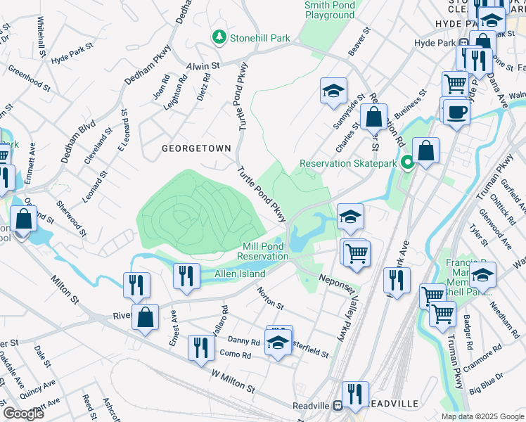 map of restaurants, bars, coffee shops, grocery stores, and more near 20 Turtle Pond Parkway in Boston