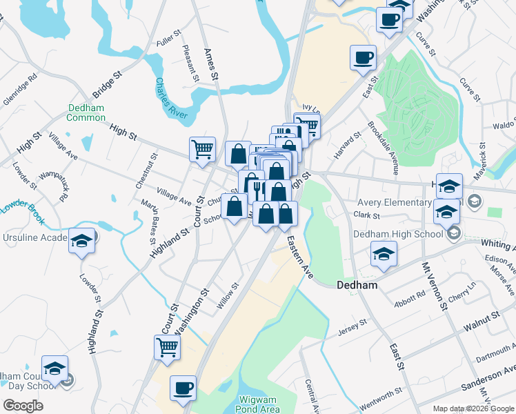 map of restaurants, bars, coffee shops, grocery stores, and more near 577 High Street in Dedham