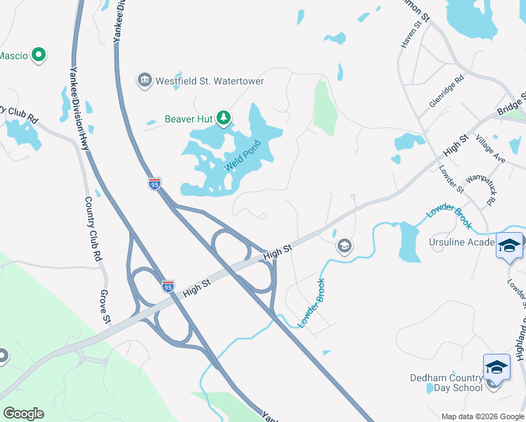 map of restaurants, bars, coffee shops, grocery stores, and more near 250 Meadowbrook Road in Dedham