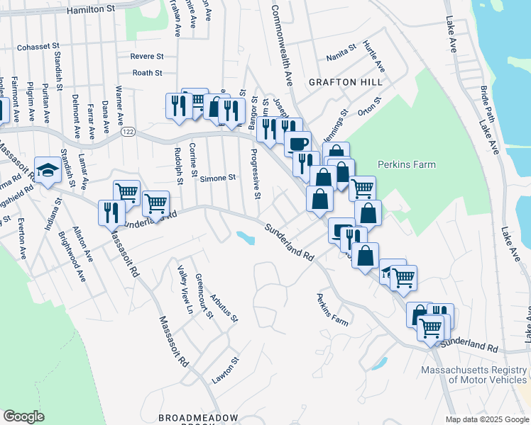 map of restaurants, bars, coffee shops, grocery stores, and more near 90 Progressive Street in Worcester