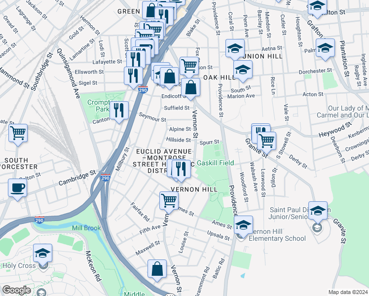 map of restaurants, bars, coffee shops, grocery stores, and more near 8A Hillside Street in Worcester