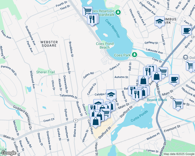 map of restaurants, bars, coffee shops, grocery stores, and more near 1 Roseville Lane in Worcester