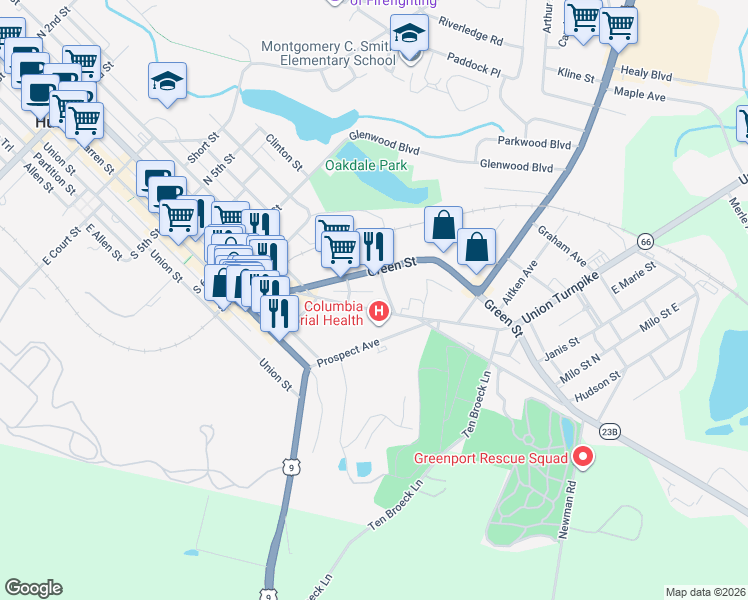 map of restaurants, bars, coffee shops, grocery stores, and more near 15 McKinstry Place in Hudson