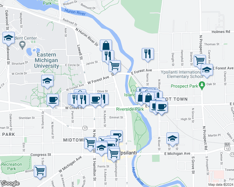 map of restaurants, bars, coffee shops, grocery stores, and more near 430 North Washington Street in Ypsilanti