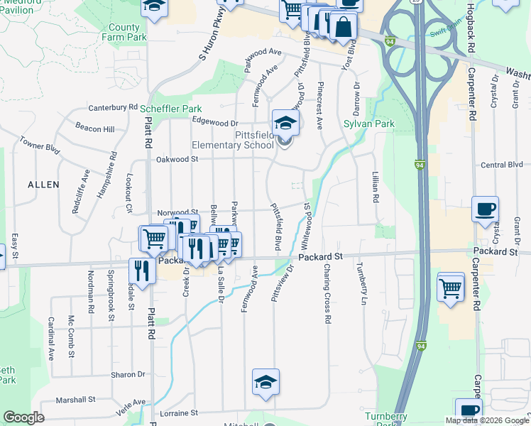 map of restaurants, bars, coffee shops, grocery stores, and more near 3405 Norwood Street in Ann Arbor