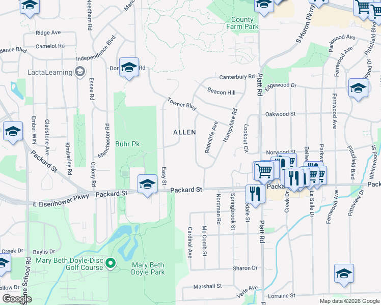 map of restaurants, bars, coffee shops, grocery stores, and more near 2726 Cranbrook Road in Ann Arbor