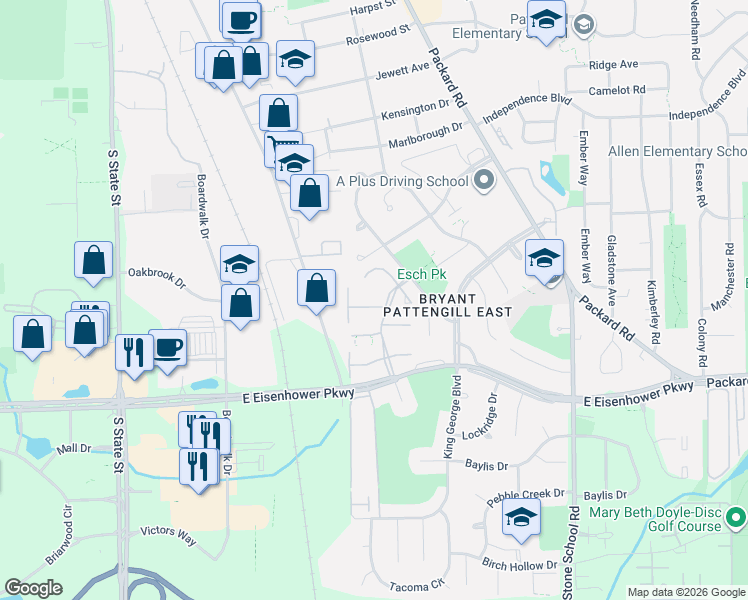 map of restaurants, bars, coffee shops, grocery stores, and more near 2634 Fenwick Court in Ann Arbor