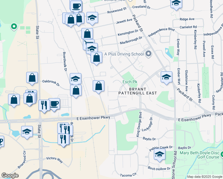 map of restaurants, bars, coffee shops, grocery stores, and more near 2634 Fenwick Court in Ann Arbor
