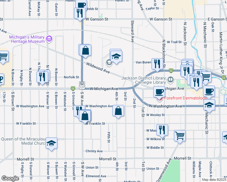 map of restaurants, bars, coffee shops, grocery stores, and more near 610 West Michigan Avenue in Jackson