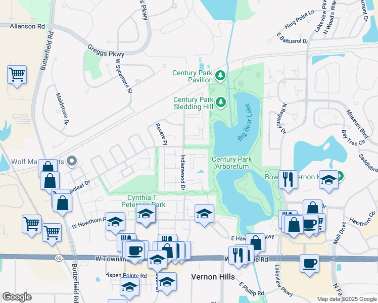 map of restaurants, bars, coffee shops, grocery stores, and more near 19 Parkside Court in Vernon Hills