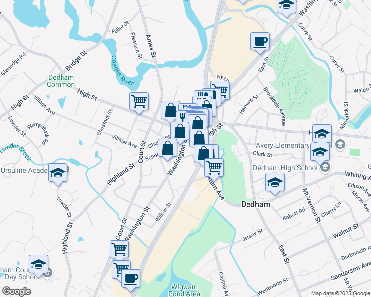map of restaurants, bars, coffee shops, grocery stores, and more near 577 High Street in Dedham