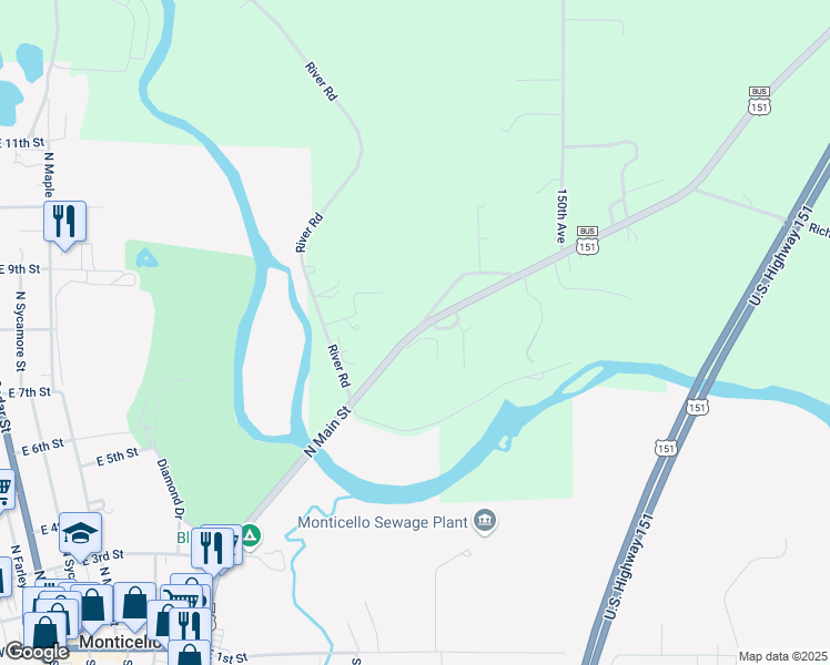 map of restaurants, bars, coffee shops, grocery stores, and more near 15298 Hollywood Rd in Monticello