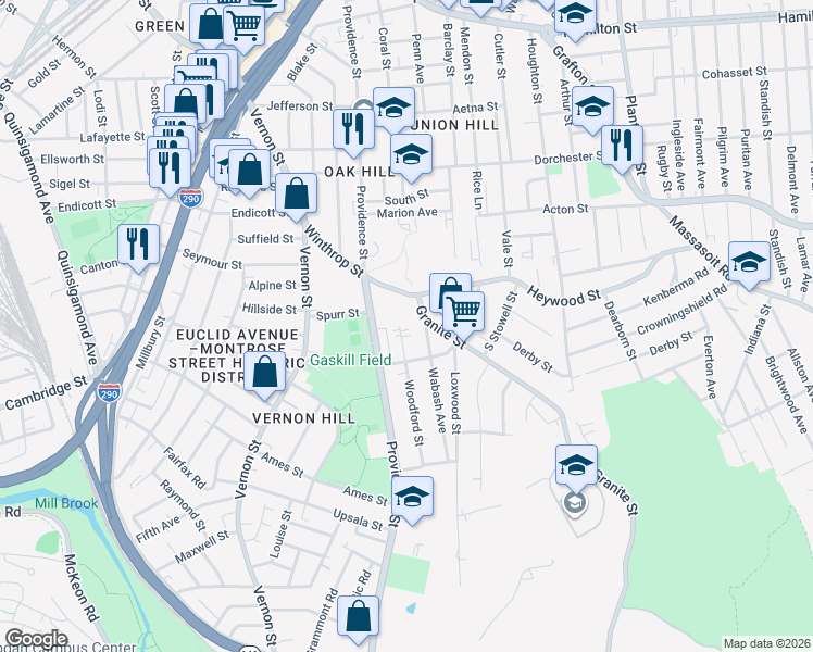 map of restaurants, bars, coffee shops, grocery stores, and more near 22 North Woodford Street in Worcester