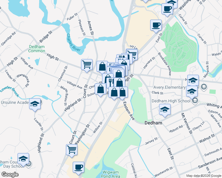 map of restaurants, bars, coffee shops, grocery stores, and more near 577 High Street in Dedham