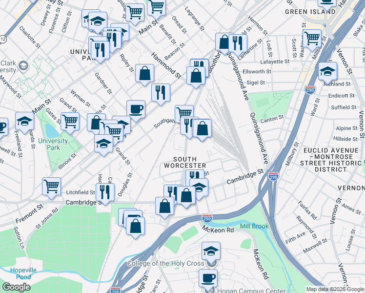 map of restaurants, bars, coffee shops, grocery stores, and more near 539 Southbridge Street in Worcester