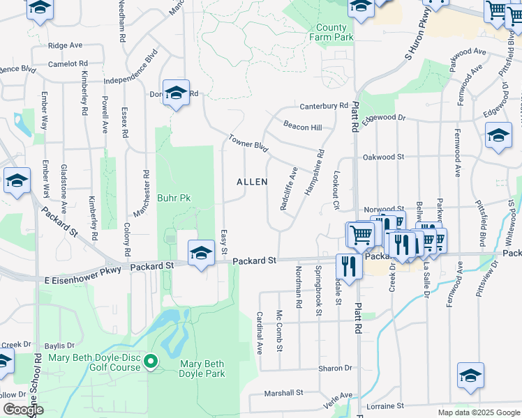 map of restaurants, bars, coffee shops, grocery stores, and more near 2726 Cranbrook Road in Ann Arbor