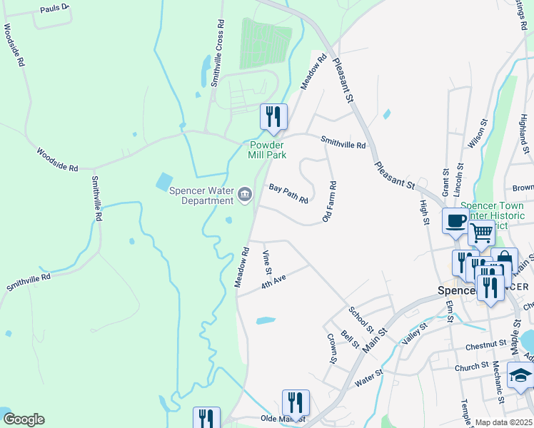 map of restaurants, bars, coffee shops, grocery stores, and more near 34 Old Farm Road in Spencer