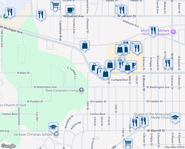 map of restaurants, bars, coffee shops, grocery stores, and more near 2300 24th Street in Jackson