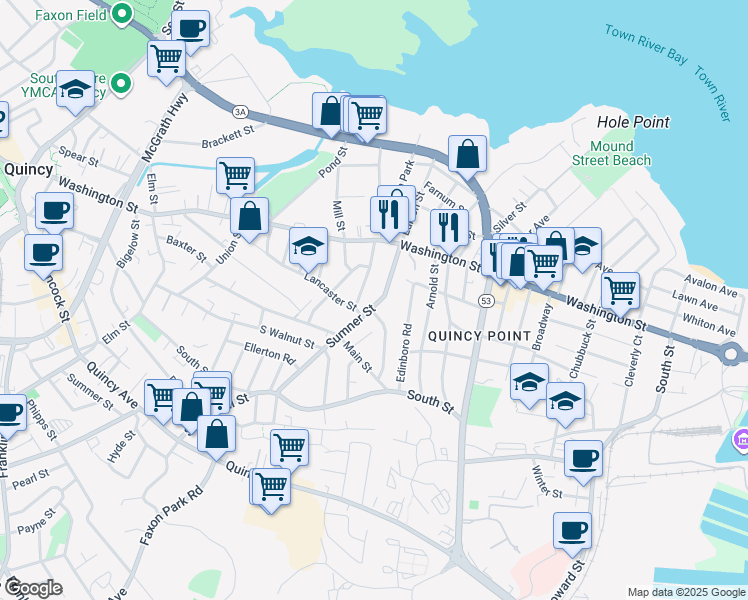 map of restaurants, bars, coffee shops, grocery stores, and more near 136 Sumner Street in Quincy