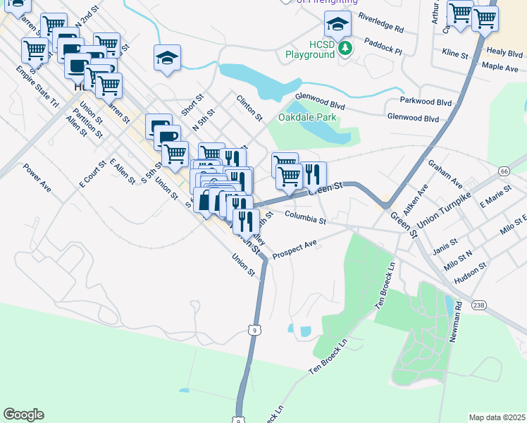 map of restaurants, bars, coffee shops, grocery stores, and more near in Hudson