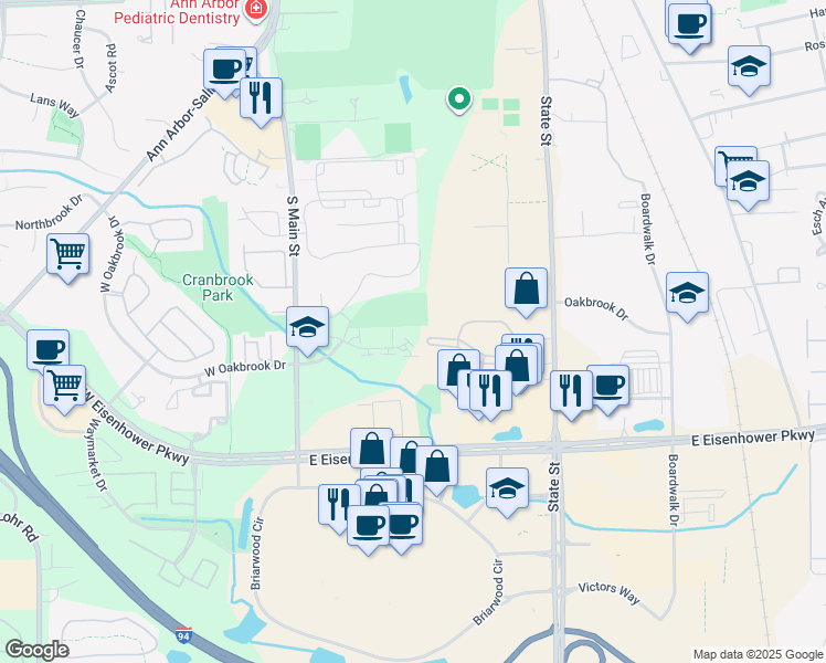 map of restaurants, bars, coffee shops, grocery stores, and more near 325 Briarcrest Drive in Ann Arbor