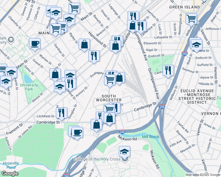 map of restaurants, bars, coffee shops, grocery stores, and more near 540 Southbridge Street in Worcester