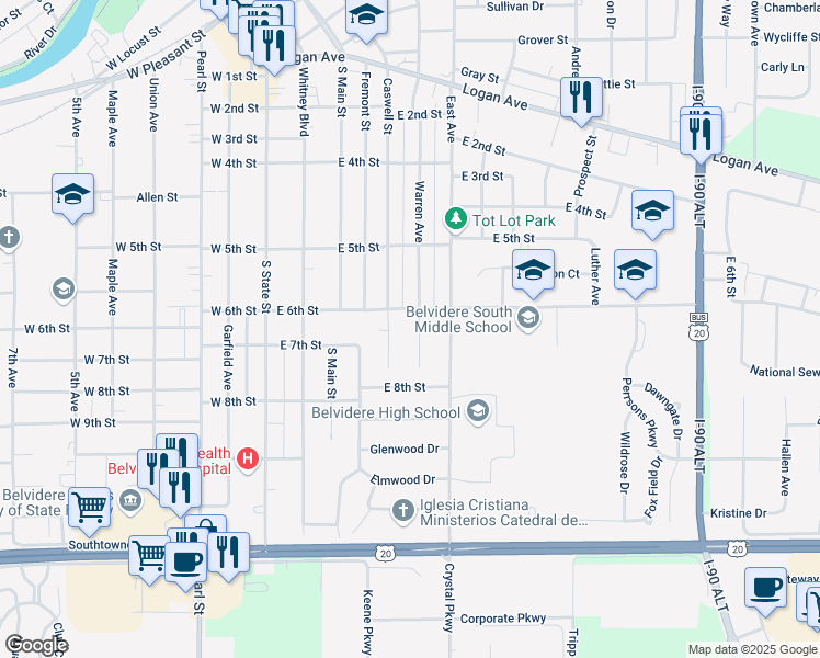 map of restaurants, bars, coffee shops, grocery stores, and more near 1306 Warren Avenue in Belvidere