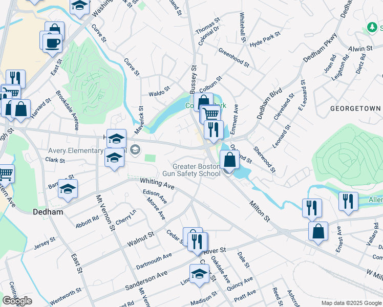 map of restaurants, bars, coffee shops, grocery stores, and more near 40 High Street in Dedham