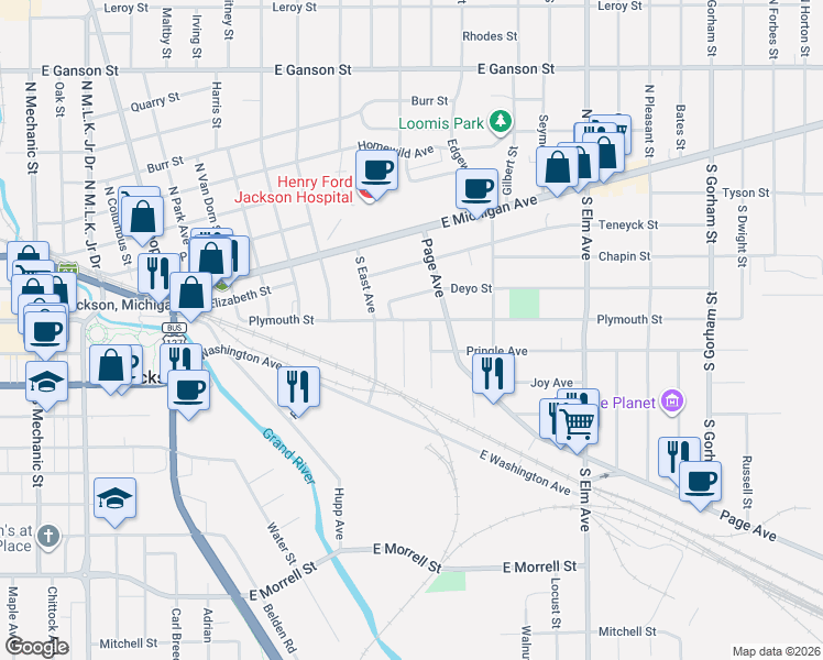 map of restaurants, bars, coffee shops, grocery stores, and more near 1114 Plymouth Street in Jackson