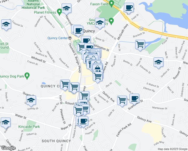 map of restaurants, bars, coffee shops, grocery stores, and more near 1548 Hancock Street in Quincy